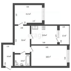 2-к квартира, вторичка, 58м2, 3/3 этаж