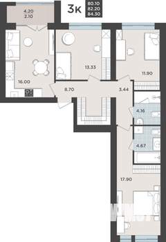 3-к квартира, строящийся дом, 82м2, 1/10 этаж