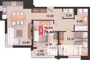 2-к квартира, вторичка, 73м2, 11/15 этаж