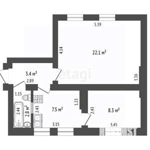 2-к квартира, вторичка, 44м2, 1/5 этаж