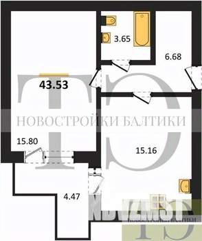 1-к квартира, вторичка, 44м2, 9/9 этаж