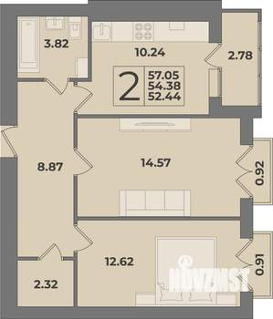 2-к квартира, вторичка, 57м2, 9/9 этаж