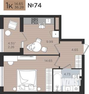 1-к квартира, строящийся дом, 36м2, 4/9 этаж