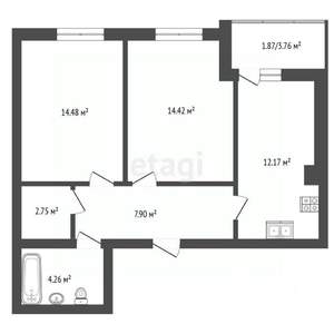 2-к квартира, вторичка, 57м2, 6/10 этаж