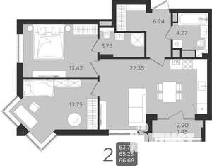2-к квартира, строящийся дом, 65м2, 2/9 этаж