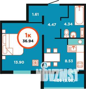 1-к квартира, строящийся дом, 37м2, 6/9 этаж