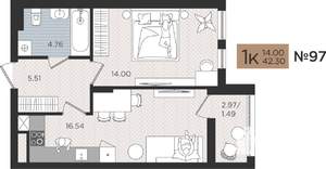 1-к квартира, строящийся дом, 42м2, 4/10 этаж