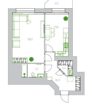 1-к квартира, вторичка, 48м2, 5/12 этаж
