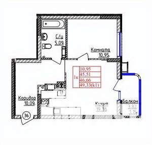 1-к квартира, строящийся дом, 47м2, 1/9 этаж
