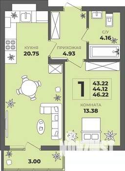 1-к квартира, вторичка, 44м2, 1/8 этаж