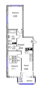 2-к квартира, вторичка, 61м2, 9/9 этаж