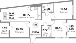 3-к квартира, вторичка, 72м2, 6/10 этаж