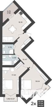 2-к квартира, вторичка, 78м2, 9/10 этаж