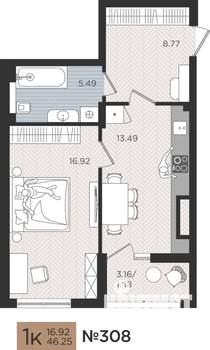 1-к квартира, строящийся дом, 46м2, 4/10 этаж