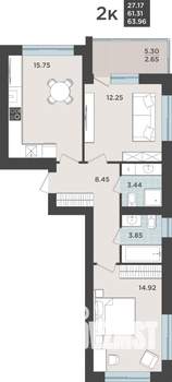 2-к квартира, строящийся дом, 61м2, 5/9 этаж