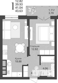 1-к квартира, строящийся дом, 41м2, 5/9 этаж