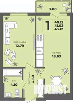 1-к квартира, строящийся дом, 41м2, 6/8 этаж