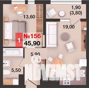 1-к квартира, вторичка, 46м2, 14/15 этаж