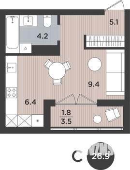 1-к квартира, вторичка, 27м2, 3/9 этаж