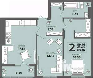 2-к квартира, вторичка, 62м2, 5/8 этаж