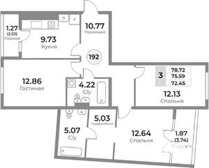 3-к квартира, строящийся дом, 76м2, 9/10 этаж