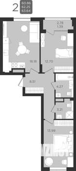 2-к квартира, строящийся дом, 62м2, 1/9 этаж