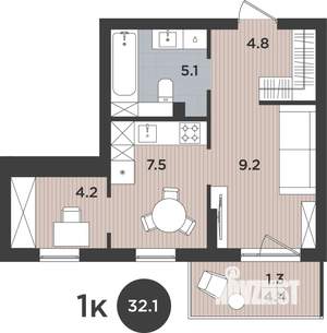 1-к квартира, вторичка, 32м2, 2/9 этаж