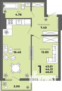 1-к квартира, строящийся дом, 45м2, 1/8 этаж