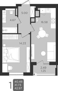 1-к квартира, строящийся дом, 42м2, 1/9 этаж
