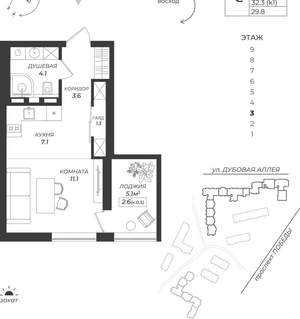 Студия квартира, вторичка, 30м2, 3/9 этаж