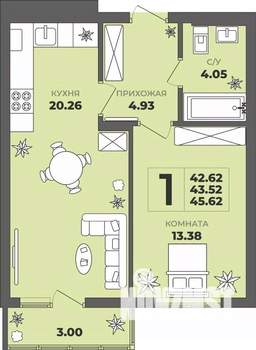 1-к квартира, строящийся дом, 44м2, 6/8 этаж