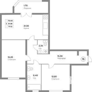 2-к квартира, строящийся дом, 77м2, 4/4 этаж