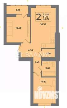 2-к квартира, вторичка, 53м2, 3/8 этаж
