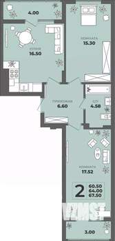 2-к квартира, строящийся дом, 64м2, 1/8 этаж