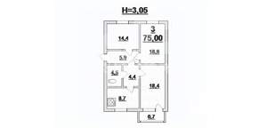 3-к квартира, вторичка, 75м2, 2/4 этаж