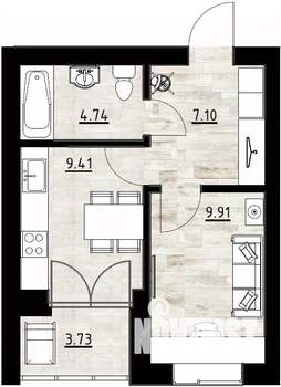 1-к квартира, строящийся дом, 35м2, 2/4 этаж