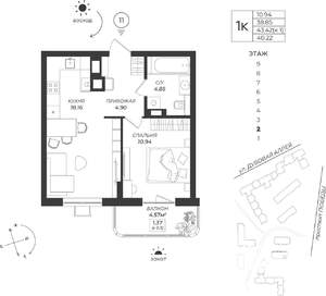 1-к квартира, вторичка, 40м2, 2/9 этаж