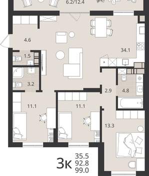 3-к квартира, вторичка, 93м2, 7/9 этаж