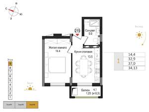 1-к квартира, вторичка, 34м2, 9/9 этаж