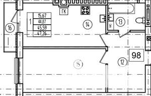1-к квартира, строящийся дом, 46м2, 6/9 этаж