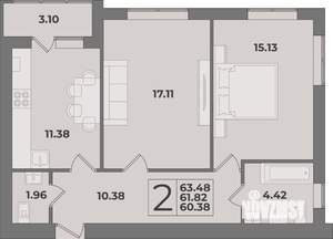 2-к квартира, вторичка, 63м2, 2/9 этаж