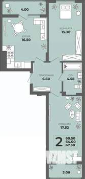2-к квартира, строящийся дом, 64м2, 1/8 этаж