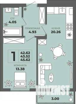 1-к квартира, строящийся дом, 44м2, 2/8 этаж