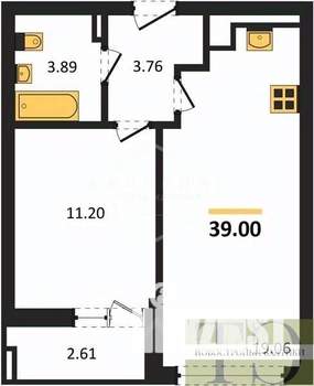 1-к квартира, вторичка, 39м2, 6/9 этаж