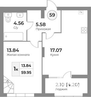 1-к квартира, вторичка, 60м2, 7/7 этаж