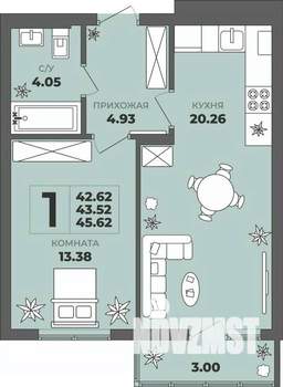 1-к квартира, строящийся дом, 44м2, 4/8 этаж