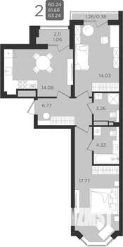 2-к квартира, строящийся дом, 62м2, 2/9 этаж