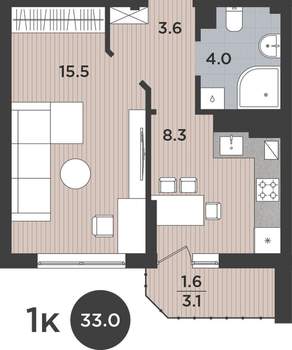 1-к квартира, вторичка, 33м2, 2/9 этаж