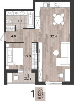 1-к квартира, вторичка, 55м2, 1/12 этаж