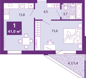 1-к квартира, сданный дом, 41м2, 1/4 этаж